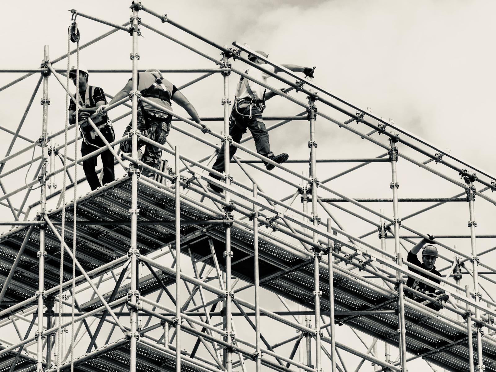 NPS crew erecting scaffold at height